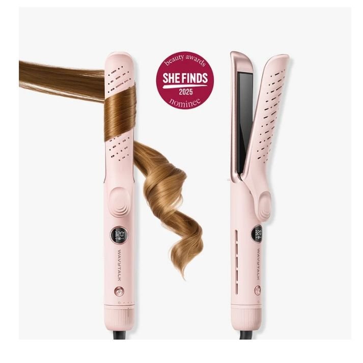 Pink Whirlwind Pro hair straightener with 'SHE FINDS' beauty awards badge on a white background Pink Whirlwind Pro hair straightener on a white background Advertisement showing transformations of hair styles with text 'Real Hair Real Results' on a light purple background. Three-stage hair transformation using the Pink Cool Curl styling tool, showing the step-by-step process from straight to wavy hair on a light purple background. Pink Cool Curl hair straightener with temperature settings for different hair types on a light purple background Pink Cool Curl curling iron being used on long blonde hair to create waves, featured against a crisp light blue background. Pink Cool Curl hair styling tool being used by a woman, featuring text highlighting safety and performance on a light purple background. Pink Cool Curl hair styling tool being used by a woman with a dog in the background, featuring text highlighting the product's key features. Pink hair Cool Curl straightener with Wavytalk packaging and manuals on a white background Whirlwind Curl